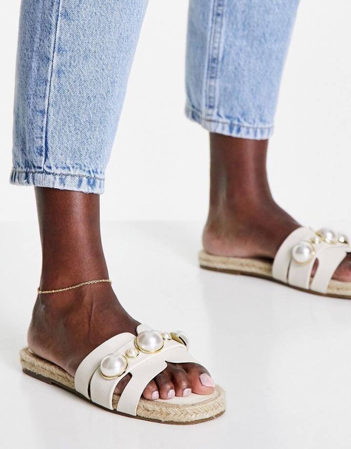 Asos Design Jazzy Espadrille Mules With Faux Pearls In Cream-white