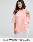 Asos Maternity Cold Shoulder Top With Lace Up Detail - Pink