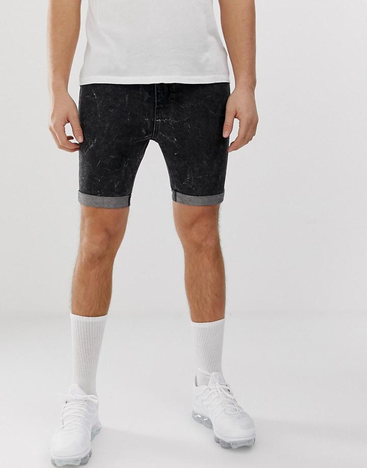 Religion Slim Fit Denim Shorts In Acid Wash - Black