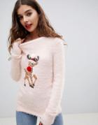 Brave Soul Fluffy Christmas Sweater With Sequin Reindeer - Pink
