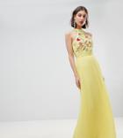 Frock And Frill Embroidered Top Pleated Maxi Dress - Yellow