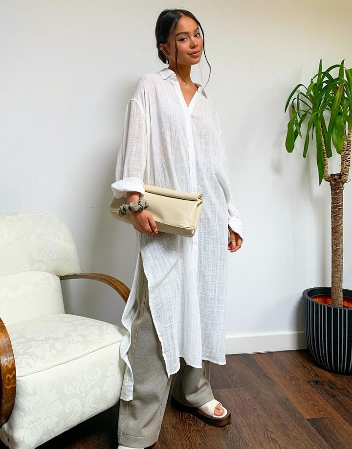 Topshop Gauzy Oversized Maxi Beach Shirt-white