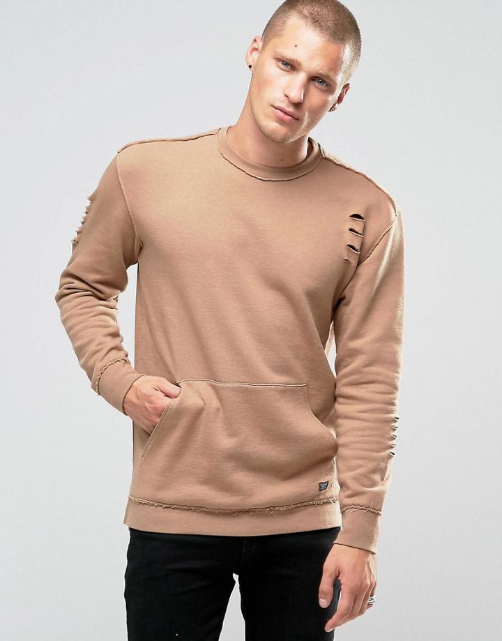 Jack & Jones Sweatshirt With Front Pocket In Distressed Jersey - Tan