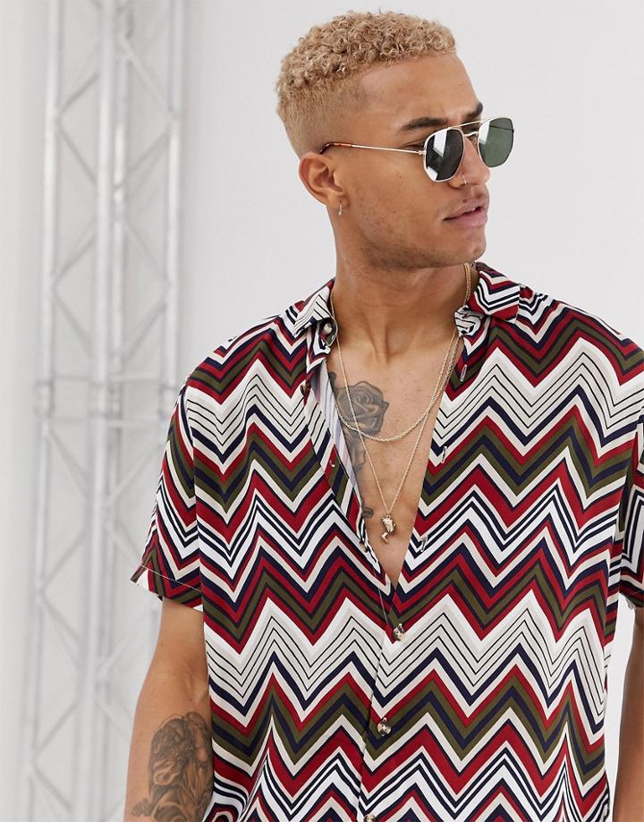Asos Design Relaxed Chevron Stripe Shirt In Khaki & Red-multi