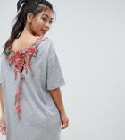 Asos Design Petite T-shirt Dress With Rose Embroidery - Gray