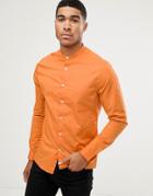 Asos Design Skinny Shirt With Grandad Collar In Orange - Orange
