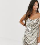 Asos Design Petite Cowl Neck All Over Sequin Mini Cami Dress-silver