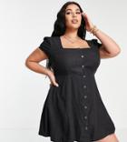Asos Design Curve Soft Denim Square Neck Tea Dress In Washed Black