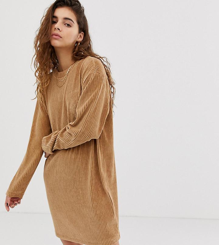Weekday Ribbed Long Sleeves Mini Dress In Beige