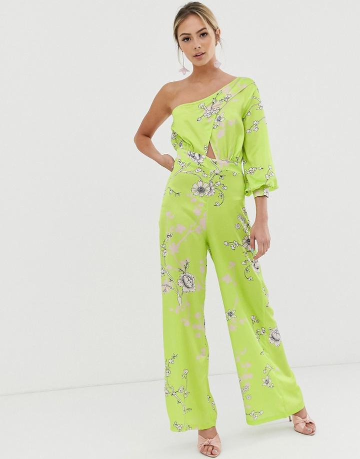Liquorish One Shoulder Culotte Jumpsuit In Lime Green Floral-yellow