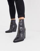Asos Design Rotate Leather Zip Western Boots In Black Croc