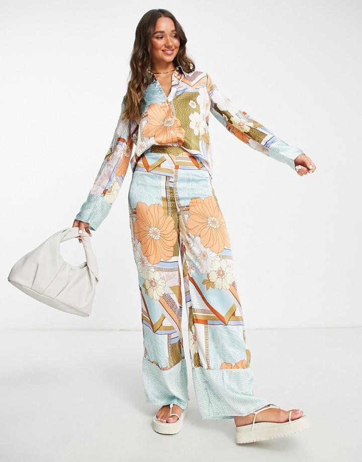 Asos Design Satin Pants In Placement Retro Floral - Part Of A Set-multi