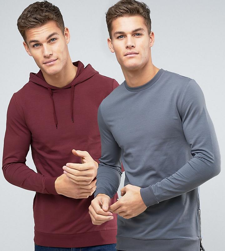 Asos Muscle Sweatshirt With Side Zips And Hoodie Multipack Save - Multi