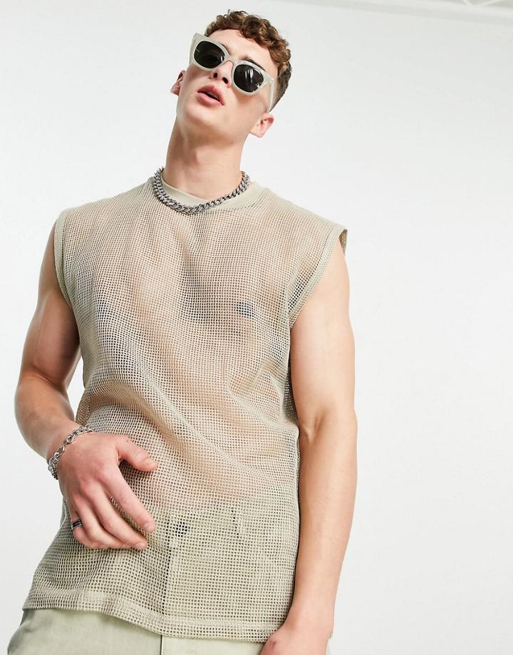 Asos Design Oversized Tank In Beige Mesh Texture-brown