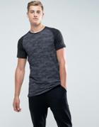 Jack & Jones Core Longline T-shirt With Camo Print And Raglan Sleeve - Black