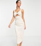 Asos Design Tall Twist Detail Textured Midi Dress In Stone-neutral