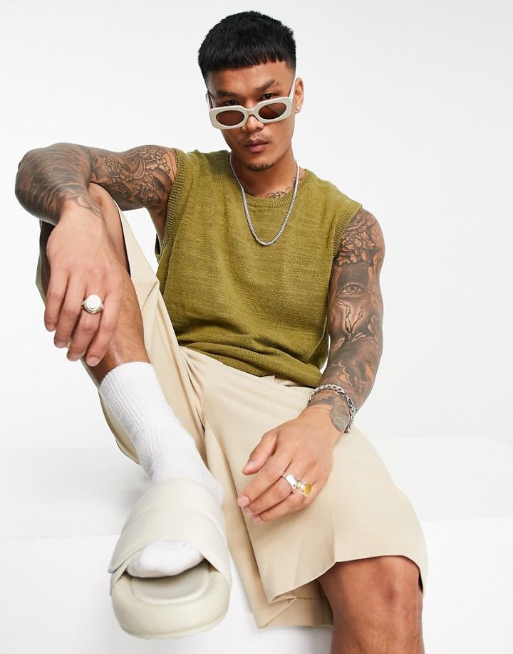 Asos Design Linen Slub Tank Top In Khaki-green