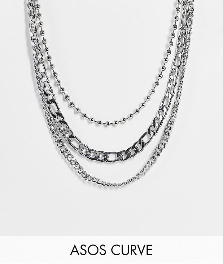 Asos Design Curve Pack Of 3 Necklaces In Mixed Chains In Silver Tone