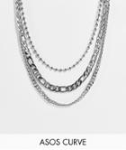 Asos Design Curve Pack Of 3 Necklaces In Mixed Chains In Silver Tone