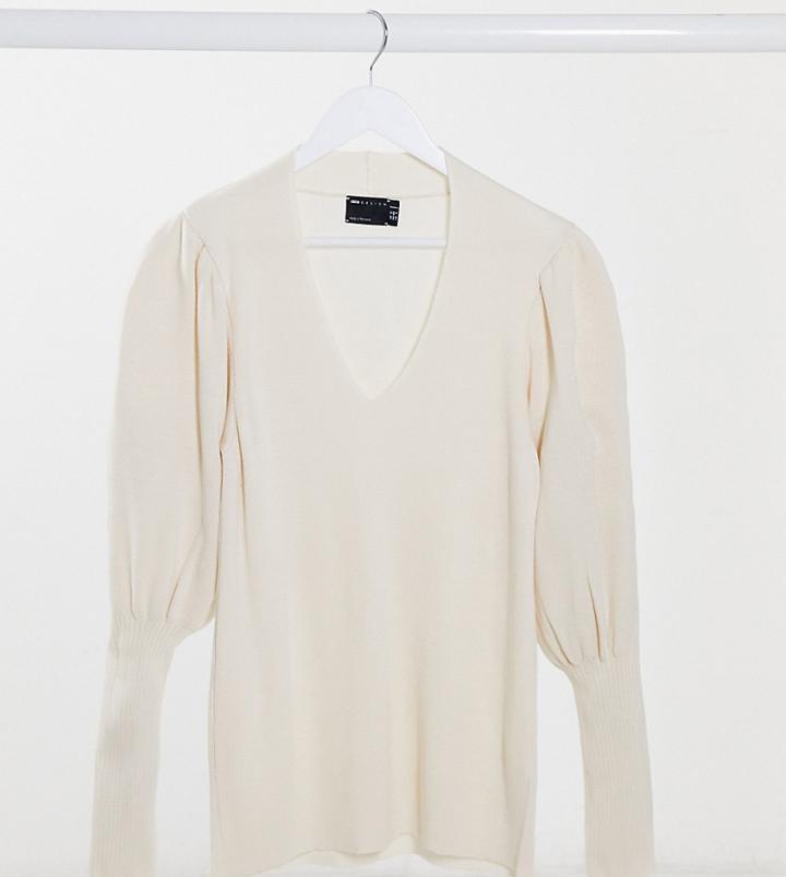 Asos Design Maternity V Neck Sweater With Volume Sleeve In Cream-white