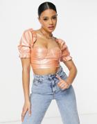 Parisian Leather-look Crop Top With Puff Sleeves In Pink