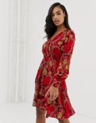 Morgan Wrap Front Long Sleeve Dress With Ruffle Skirt In Scarf Print-multi