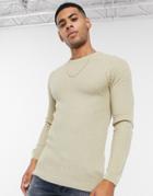 Asos Design Muscle Fit Basket Stitch Crew Neck Sweater In Ecru-white