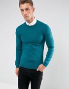 Asos Muscle Fit Merino Wool Sweater In Teal - Green