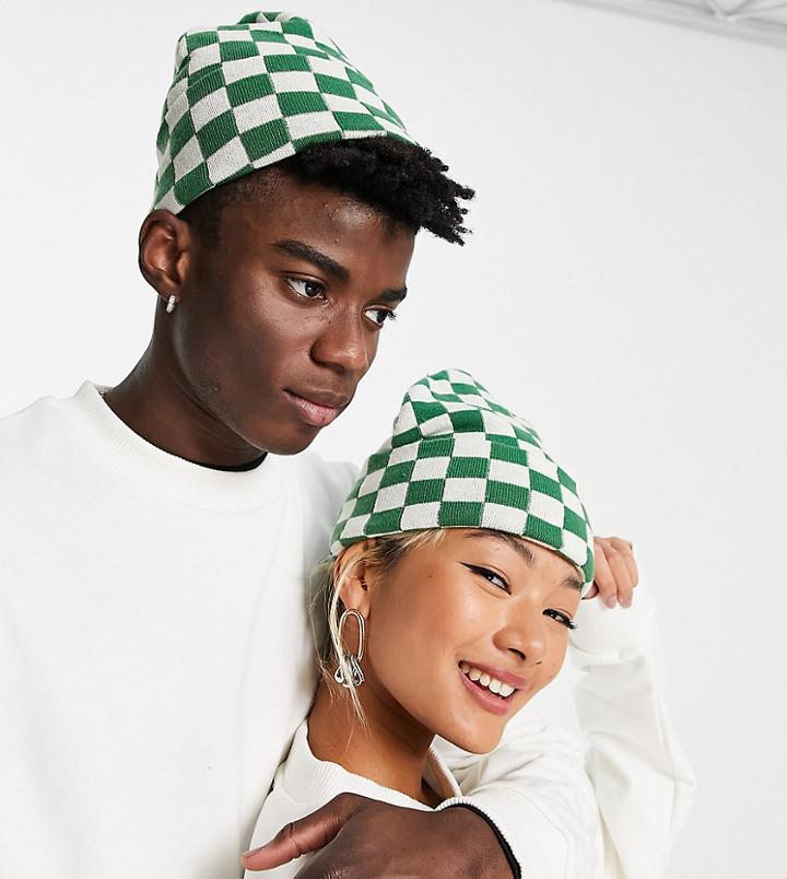 Collusion Unisex Checkerboard Beanie In Green And White-multi