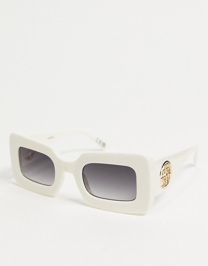 Asos Design Chunky Square Sunglasses With Metal Monogram Temple Design In Shiny White