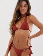 Asos Design Ring Detail Halter Triangle Bikini Top In Slinky Brown - Brown