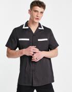 Asos Design Relaxed Shirt In Satin With Contrast Detail-black