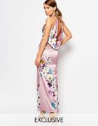 True Violet Sateen Cowl Back Maxi Dress In Floral Print - Taupe Floral