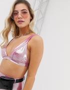 Asos Design Deep Plunge Crop Bikini Top In Pink - Pink