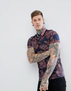 Asos Design Longline Polo With All Over Floral And Tipped Detail - Multi