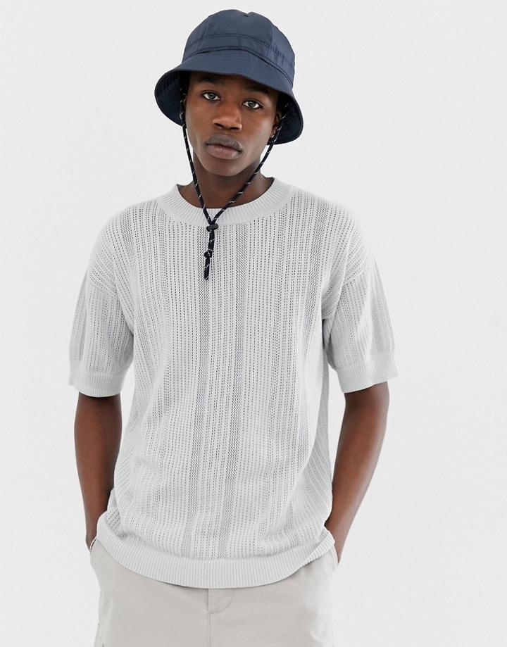 Asos White Dropped Shoulder Short Sleeve Sweater In Fine Stripe - Gray