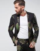 Asos Skinny Suit Jacket In Navy Leaf Print Linen Look - Gray