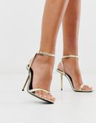 Asos Design Nation Metal Heel Barely There Heeled Sandals In Gold Snake