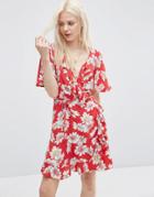 Asos Mini Tea Dress With Wrap Front In Daisy Print - Red Print