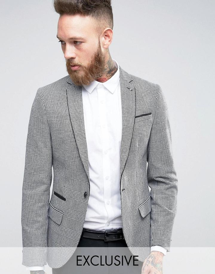 Noose & Monkey Super Skinny Blazer In Pow Check With Piping - Black
