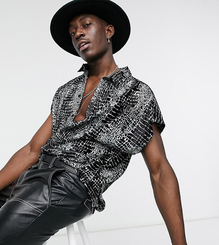 Asos Design Capped Sleeves Regular Shirt In Animal Burnout Print-black