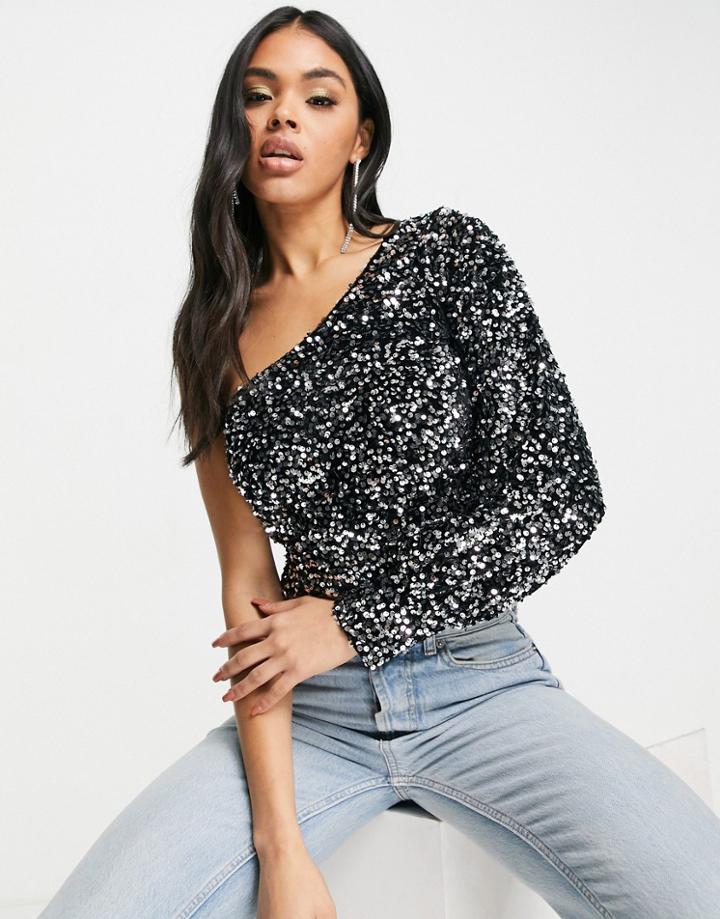 4th & Reckless One Shoulder Blouson Sleeve Top In Black And Silver Sequin