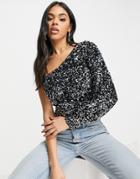 4th & Reckless One Shoulder Blouson Sleeve Top In Black And Silver Sequin