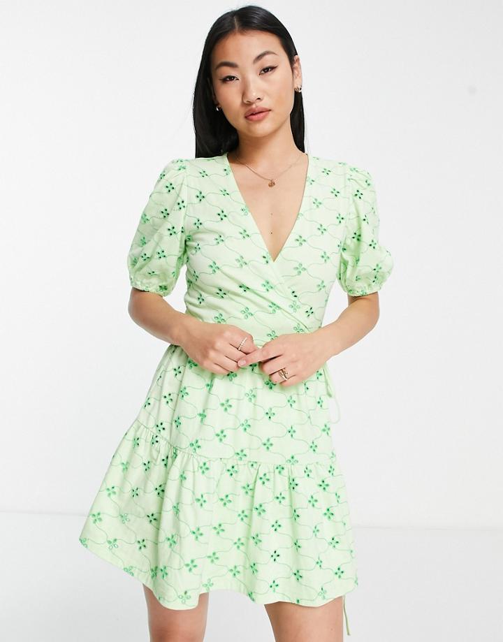 Asos Design Eyelet Mini Wrap Dress In Green Contrast