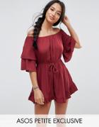 Asos Petite Off Shoulder Romper In Crinkle With Frill Hem - Red