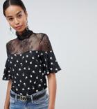 Fashion Union Tall High Neck Blouse In Lace And Spot Rose Print - Black