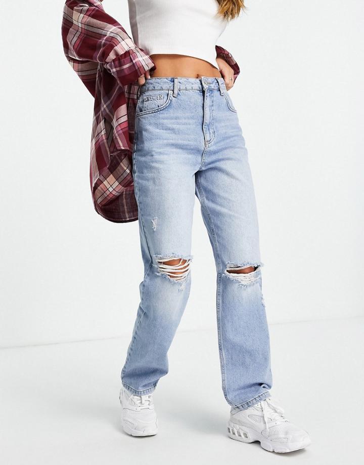 Miss Selfridge High Rise Relaxed Dad Jeans With Rips In Mid Wash Blue-blues