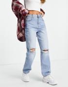 Miss Selfridge High Rise Relaxed Dad Jeans With Rips In Mid Wash Blue-blues