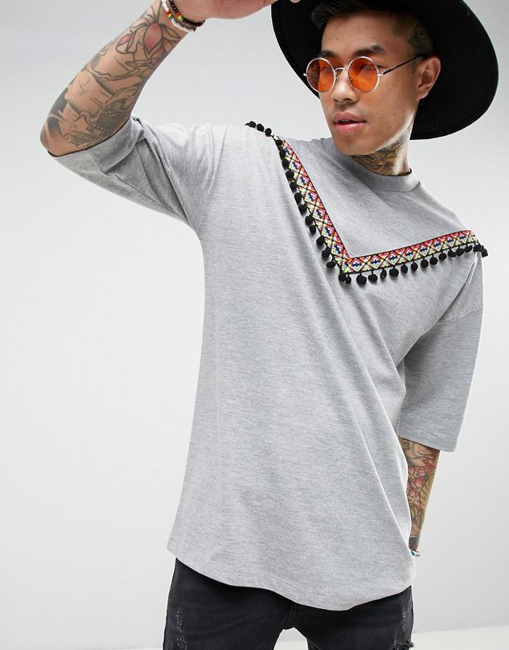 Asos Festival Oversized T-shirt In Gray Marl With Pom Poms - Gray