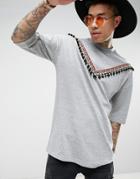 Asos Festival Oversized T-shirt In Gray Marl With Pom Poms - Gray